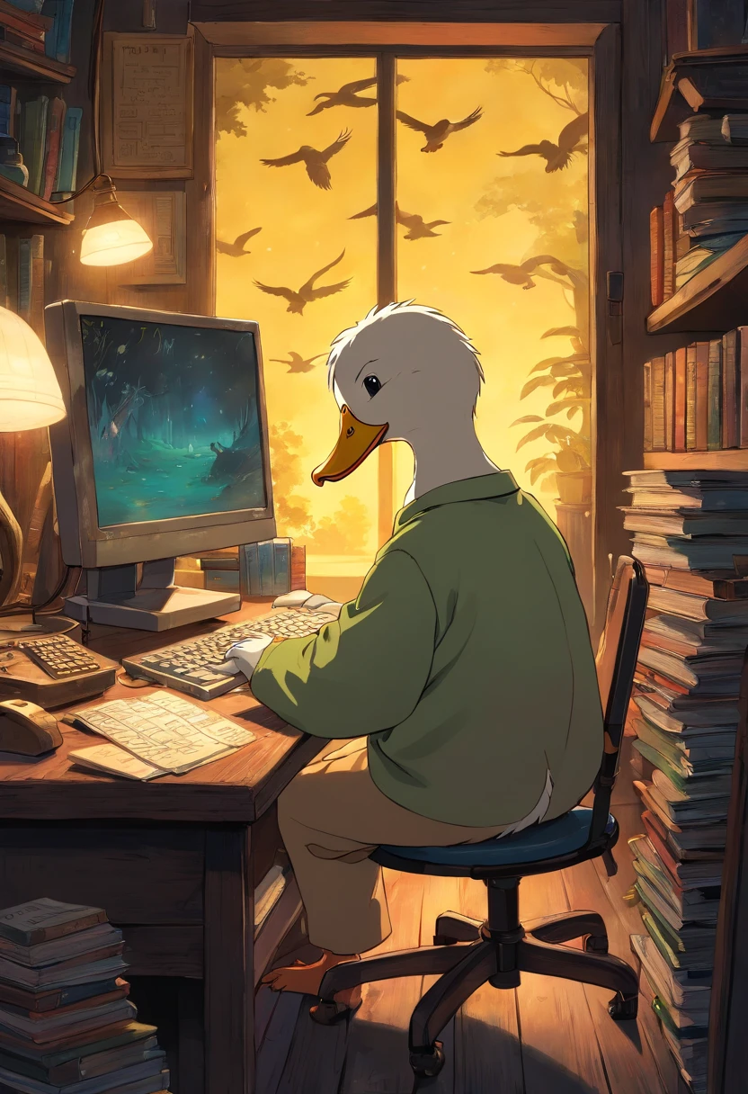 Un pato usando una computadora en una habitación muy oscura、Teclado y ratón para escribir novelas